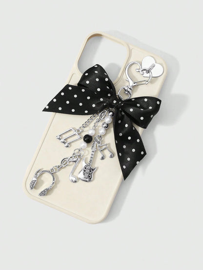 ROMWE Kawaii 1 Y2k Korean Fashion Retro Classic Temperament High Sense Music Festival Series Black Polka Dot Webbing Bow Resin CCB Round Beads Faux Pearl Alloy Notes Guitar Sound Symbols Mini Earphone