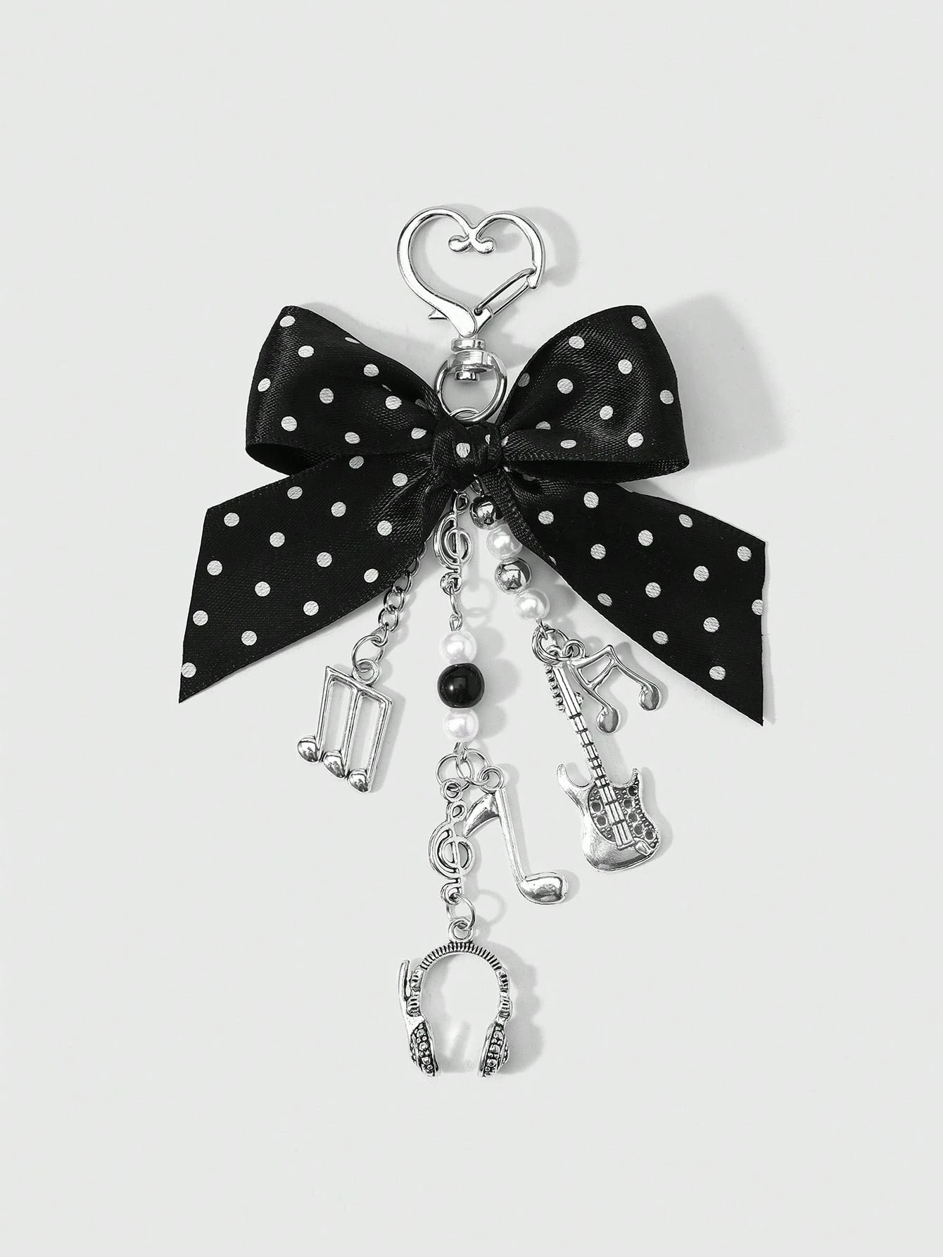 ROMWE Kawaii 1 Y2k Korean Fashion Retro Classic Temperament High Sense Music Festival Series Black Polka Dot Webbing Bow Resin CCB Round Beads Faux Pearl Alloy Notes Guitar Sound Symbols Mini Earphone