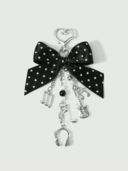 ROMWE Kawaii 1 Y2k Korean Fashion Retro Classic Temperament High Sense Music Festival Series Black Polka Dot Webbing Bow Resin CCB Round Beads Faux Pearl Alloy Notes Guitar Sound Symbols Mini Earphone