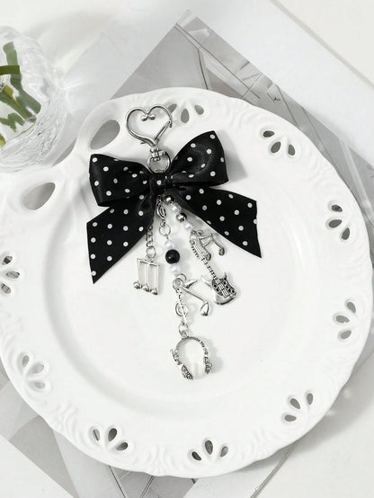 ROMWE Kawaii 1 Y2k Korean Fashion Retro Classic Temperament High Sense Music Festival Series Black Polka Dot Webbing Bow Resin CCB Round Beads Faux Pearl Alloy Notes Guitar Sound Symbols Mini Earphone