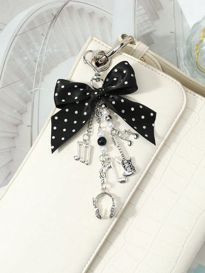 ROMWE Kawaii 1 Y2k Korean Fashion Retro Classic Temperament High Sense Music Festival Series Black Polka Dot Webbing Bow Resin CCB Round Beads Faux Pearl Alloy Notes Guitar Sound Symbols Mini Earphone