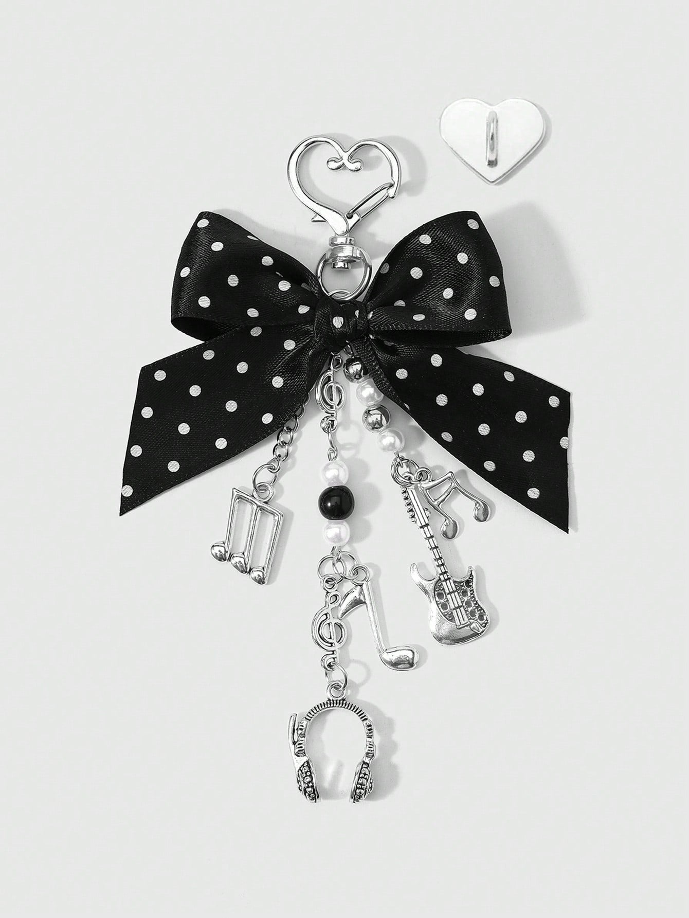 ROMWE Kawaii 1 Y2k Korean Fashion Retro Classic Temperament High Sense Music Festival Series Black Polka Dot Webbing Bow Resin CCB Round Beads Faux Pearl Alloy Notes Guitar Sound Symbols Mini Earphone