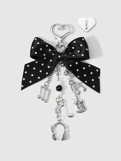 ROMWE Kawaii 1 Y2k Korean Fashion Retro Classic Temperament High Sense Music Festival Series Black Polka Dot Webbing Bow Resin CCB Round Beads Faux Pearl Alloy Notes Guitar Sound Symbols Mini Earphone