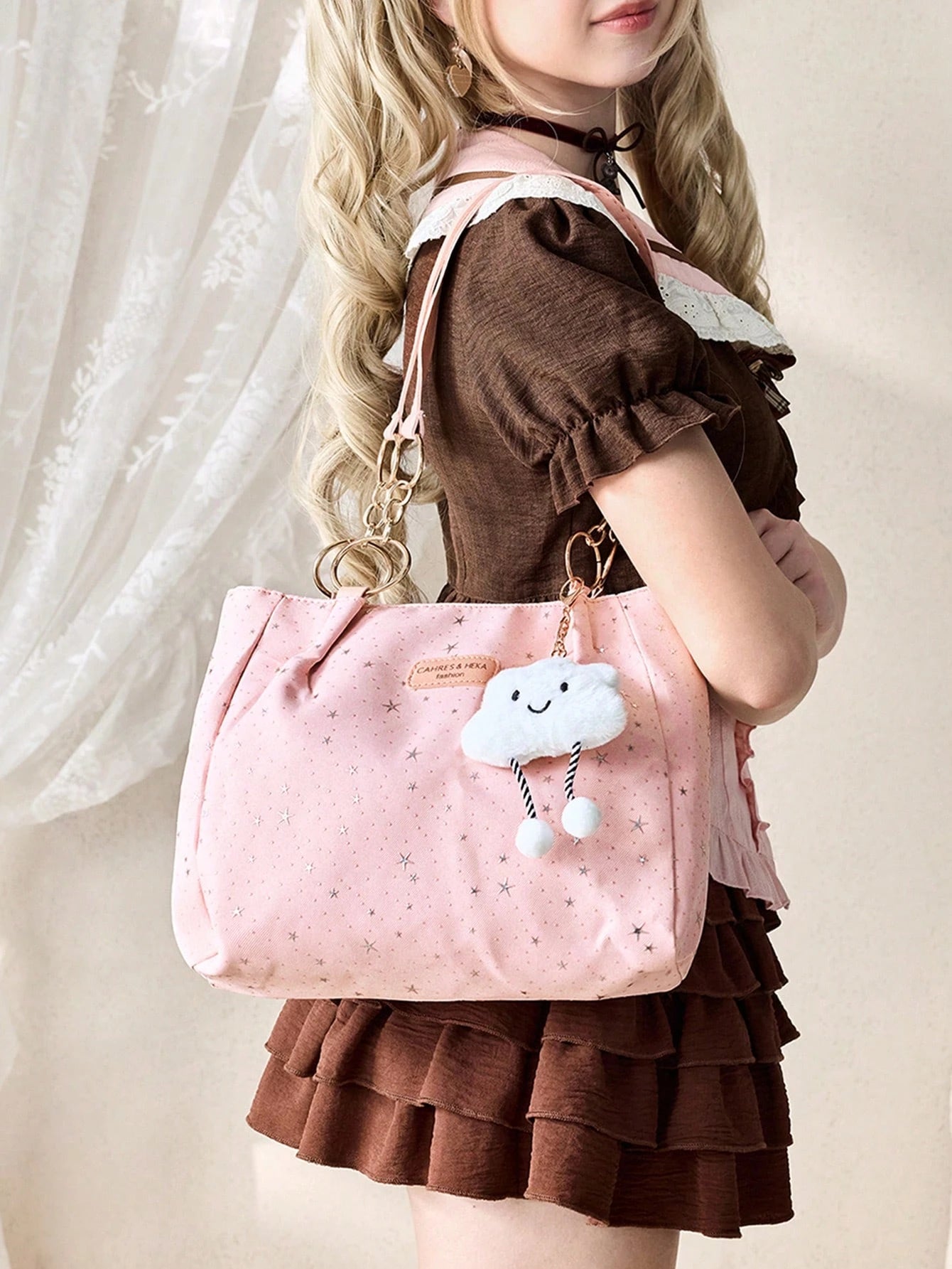ROMWE Kawaii 1pc Cloud Decor Star Pattern Polyester Large Capacity Zipper Shoulder Bag, Fashionable Daily Use For Women,Pink Bag