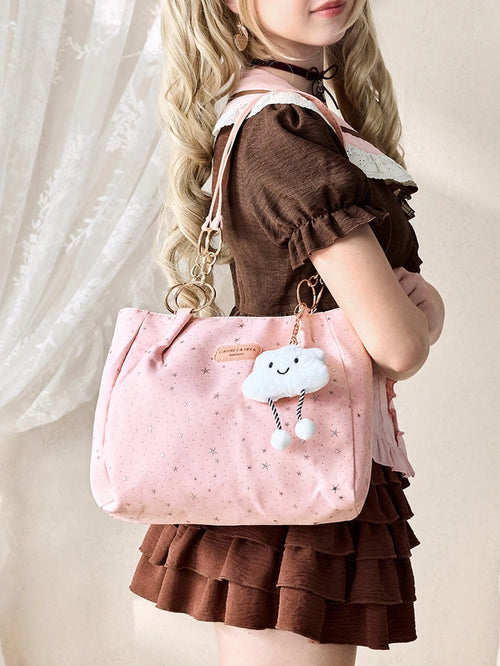 ROMWE Kawaii 1pc Cloud Decor Star Pattern Polyester Large Capacity Zipper Shoulder Bag, Fashionable Daily Use For Women,Pink Bag