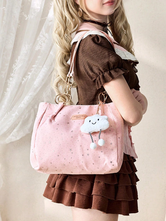 ROMWE Kawaii 1pc Cloud Decor Star Pattern Polyester Large Capacity Zipper Shoulder Bag, Fashionable Daily Use For Women,Pink Bag