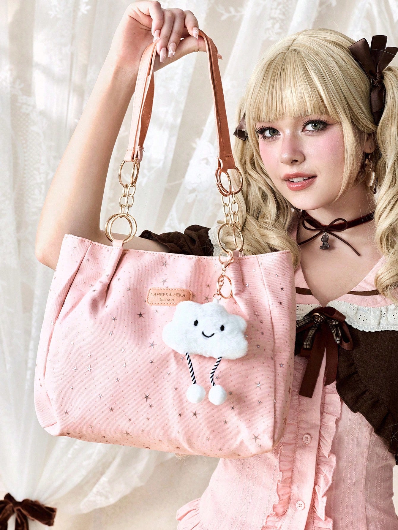 ROMWE Kawaii 1pc Cloud Decor Star Pattern Polyester Large Capacity Zipper Shoulder Bag, Fashionable Daily Use For Women,Pink Bag