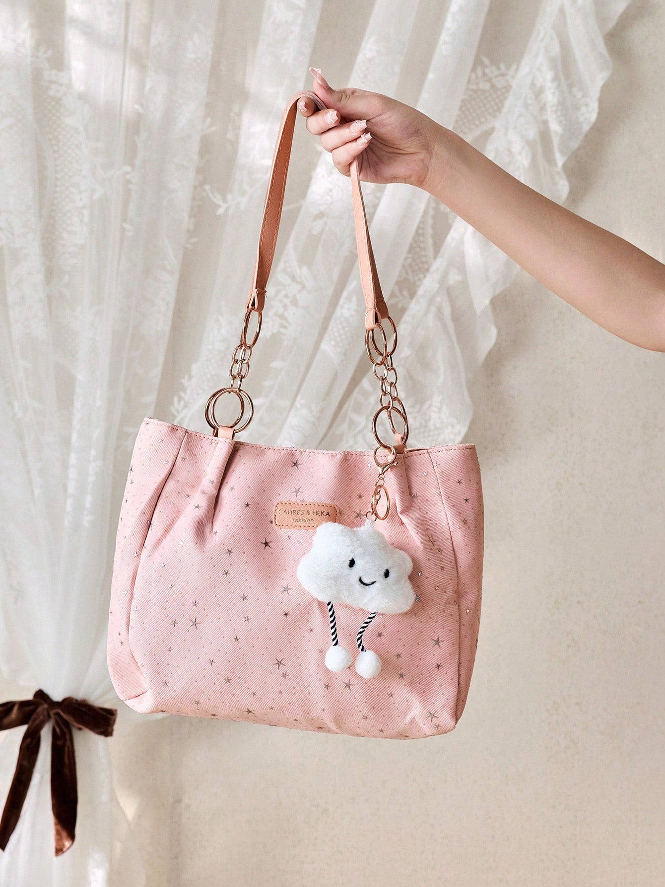 ROMWE Kawaii 1pc Cloud Decor Star Pattern Polyester Large Capacity Zipper Shoulder Bag, Fashionable Daily Use For Women,Pink Bag