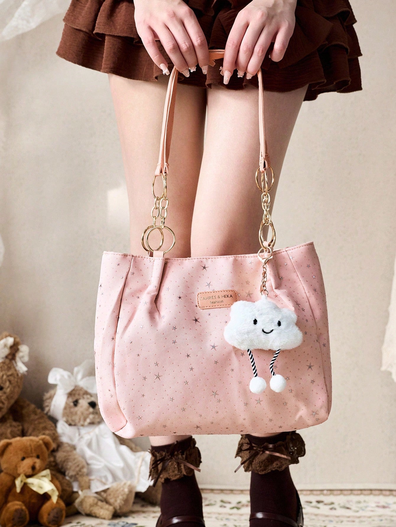 ROMWE Kawaii 1pc Cloud Decor Star Pattern Polyester Large Capacity Zipper Shoulder Bag, Fashionable Daily Use For Women,Pink Bag