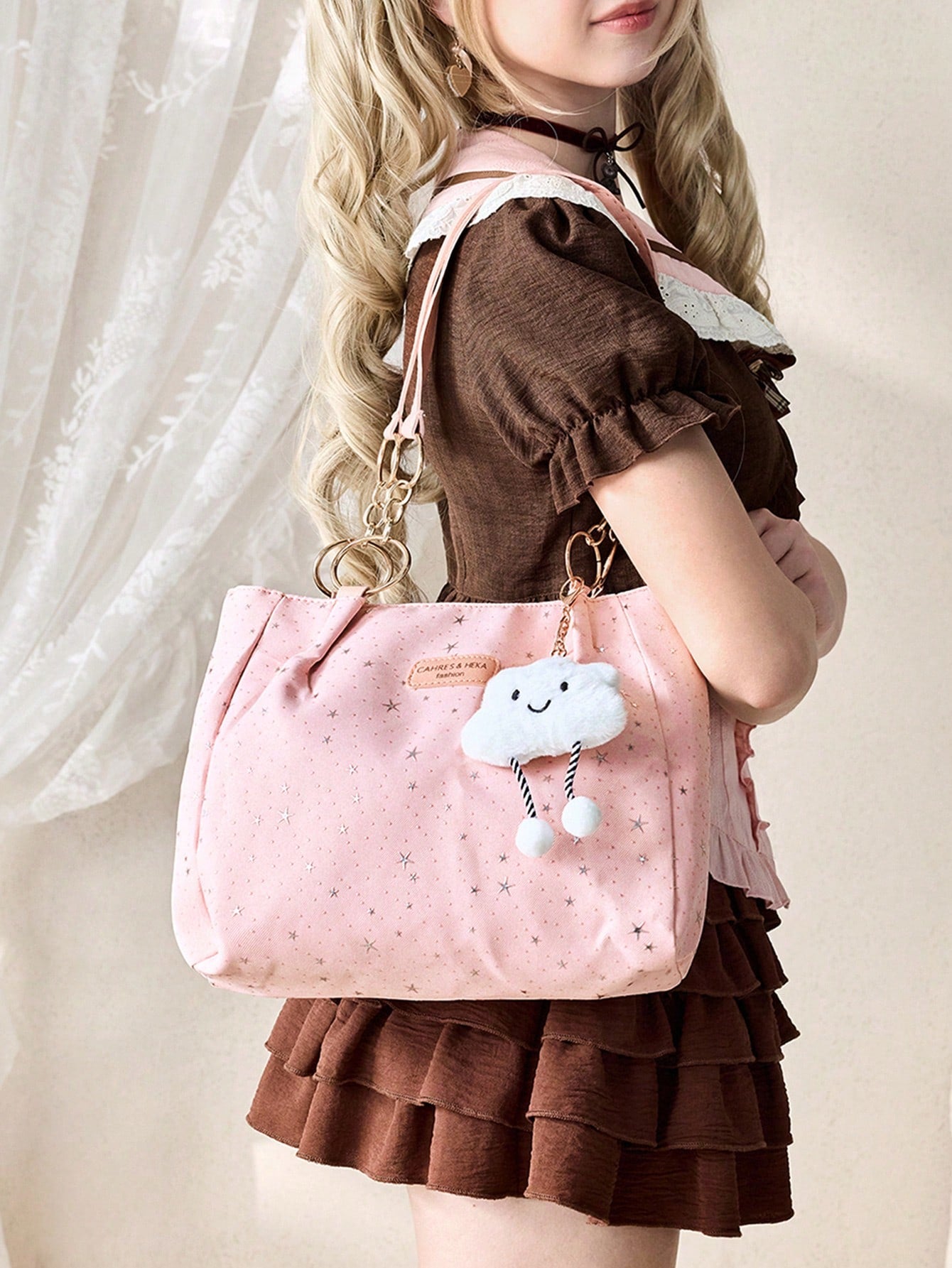 ROMWE Kawaii 1pc Cloud Decor Star Pattern Polyester Large Capacity Zipper Shoulder Bag, Fashionable Daily Use For Women,Pink Bag