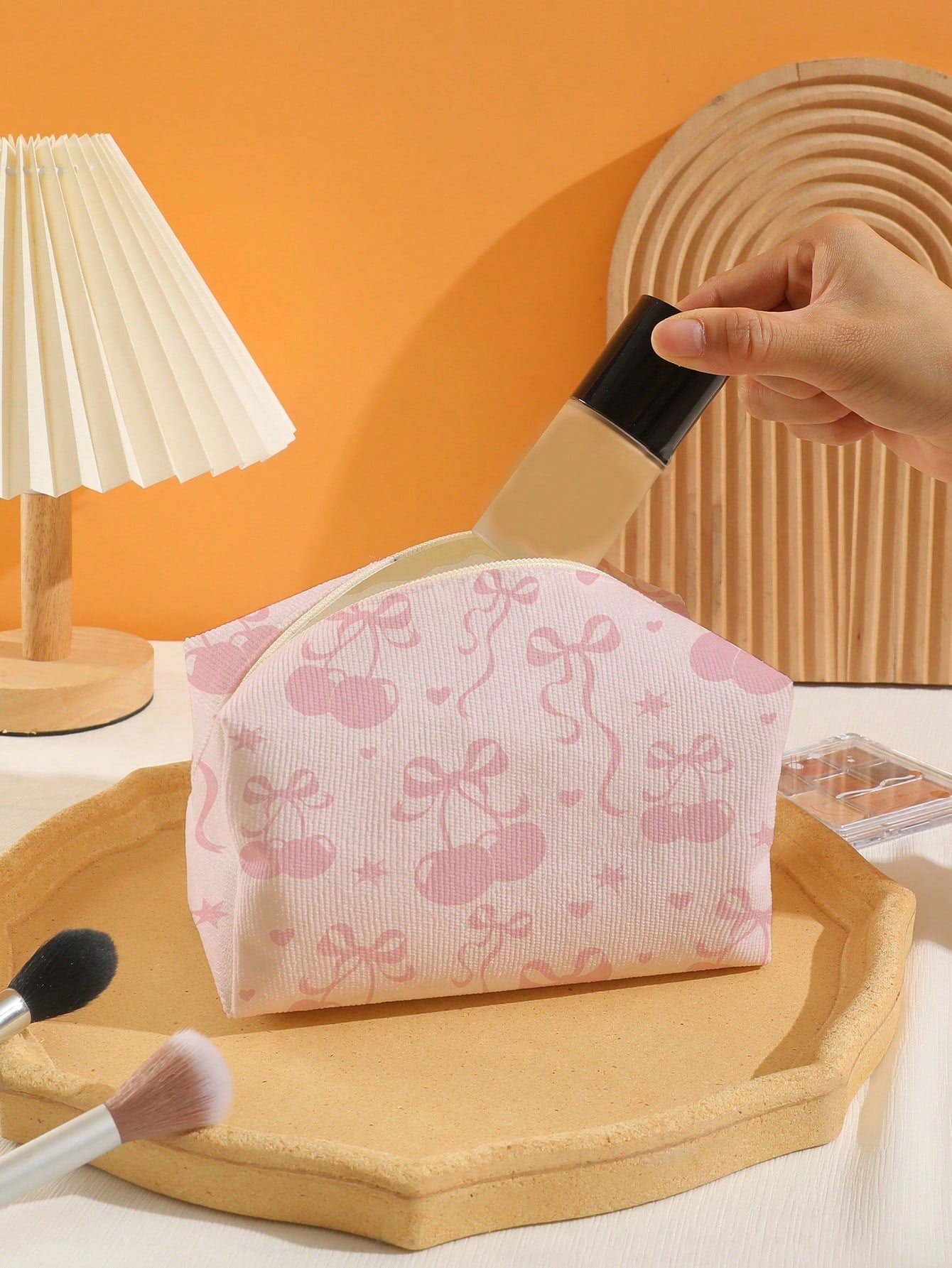 ROMWE Kawaii Bow Pattern Octagonal Velvet Cosmetic Bag