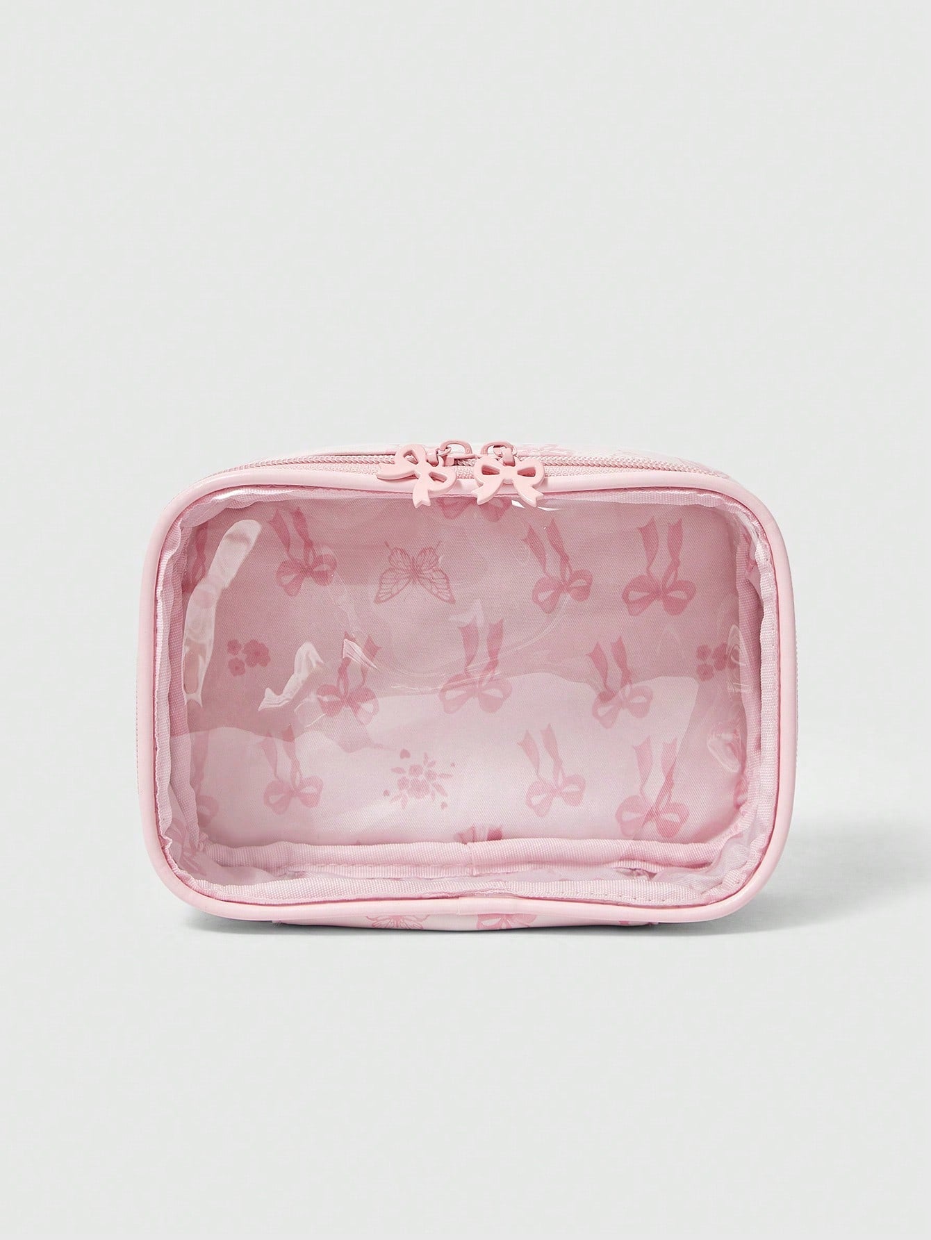 ROMWE Kawaii Cherry Print Cute Transparent Splicing Cosmetic Bag, Square Portable Wash Storage Bag