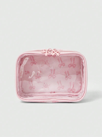 ROMWE Kawaii Cherry Print Cute Transparent Splicing Cosmetic Bag, Square Portable Wash Storage Bag