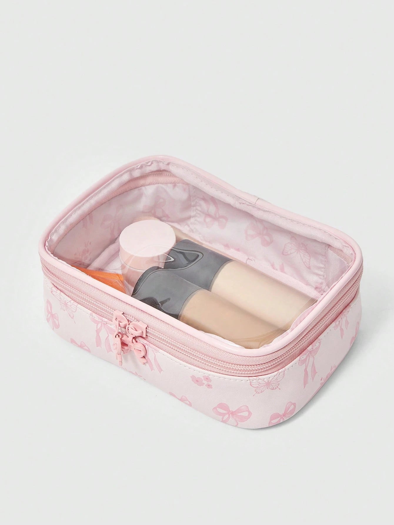 ROMWE Kawaii Cherry Print Cute Transparent Splicing Cosmetic Bag, Square Portable Wash Storage Bag