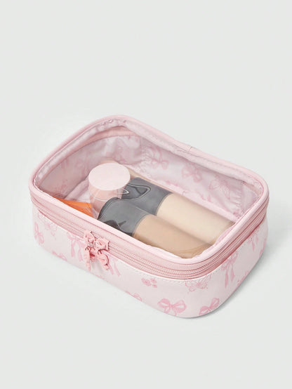 ROMWE Kawaii Cherry Print Cute Transparent Splicing Cosmetic Bag, Square Portable Wash Storage Bag