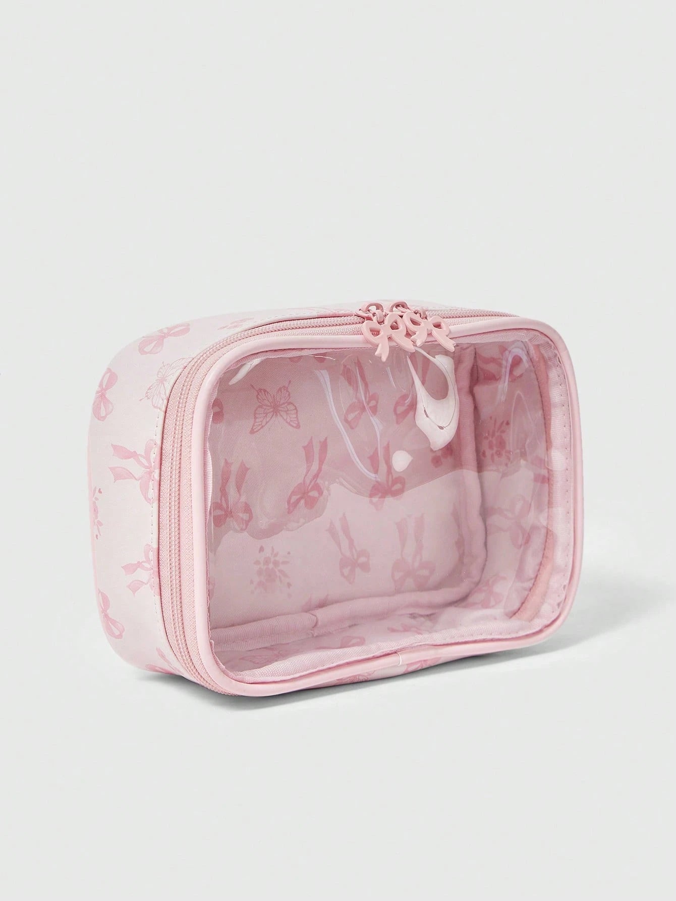 ROMWE Kawaii Cherry Print Cute Transparent Splicing Cosmetic Bag, Square Portable Wash Storage Bag
