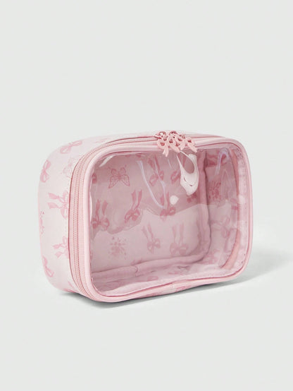 ROMWE Kawaii Cherry Print Cute Transparent Splicing Cosmetic Bag, Square Portable Wash Storage Bag