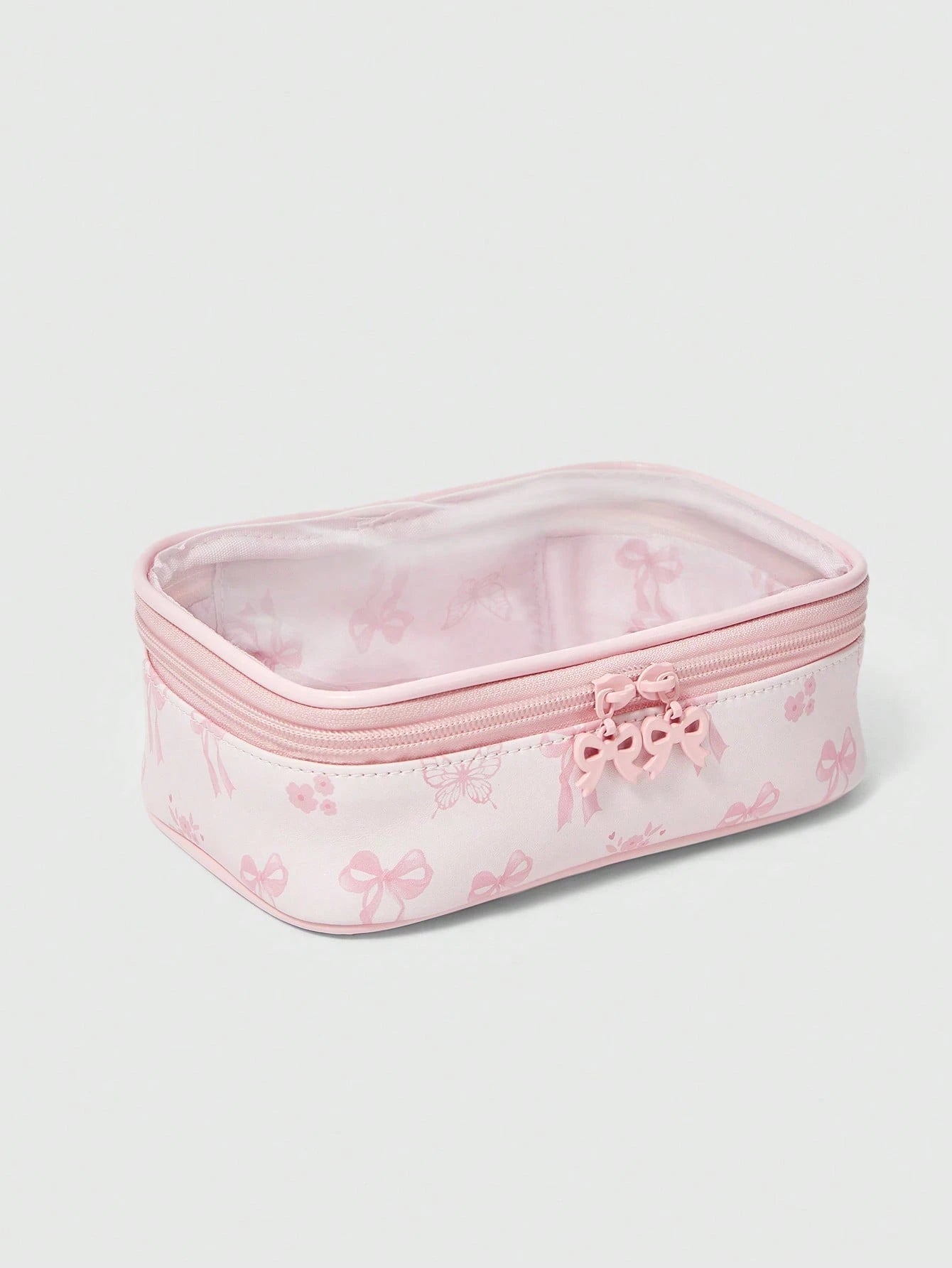 ROMWE Kawaii Cherry Print Cute Transparent Splicing Cosmetic Bag, Square Portable Wash Storage Bag