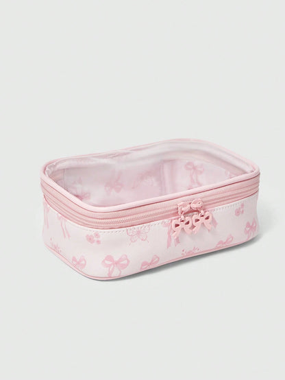 ROMWE Kawaii Cherry Print Cute Transparent Splicing Cosmetic Bag, Square Portable Wash Storage Bag