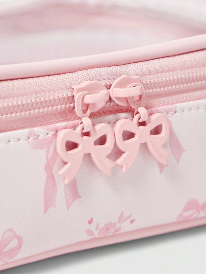 ROMWE Kawaii Cherry Print Cute Transparent Splicing Cosmetic Bag, Square Portable Wash Storage Bag