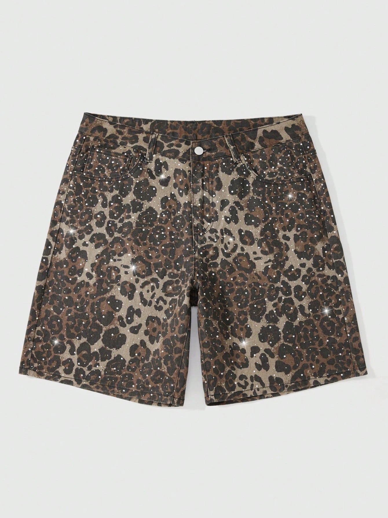 ROMWE MEN Men's Leopard Print Rhinestone Denim Shorts Plus Size