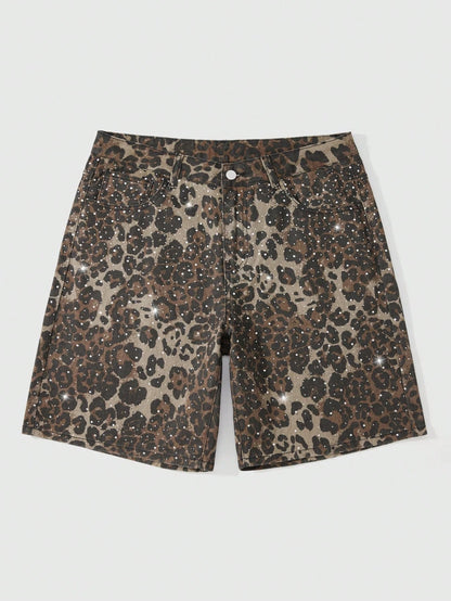 ROMWE MEN Men's Leopard Print Rhinestone Denim Shorts Plus Size