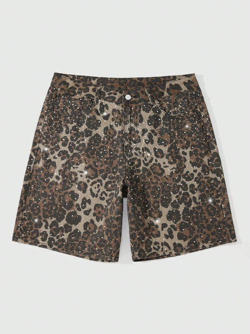 ROMWE MEN Men's Leopard Print Rhinestone Denim Shorts Plus Size