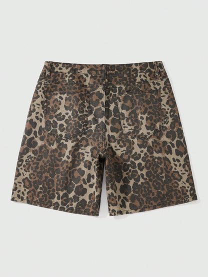 ROMWE MEN Men's Leopard Print Rhinestone Denim Shorts Plus Size