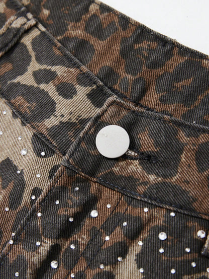 ROMWE MEN Men's Leopard Print Rhinestone Denim Shorts Plus Size