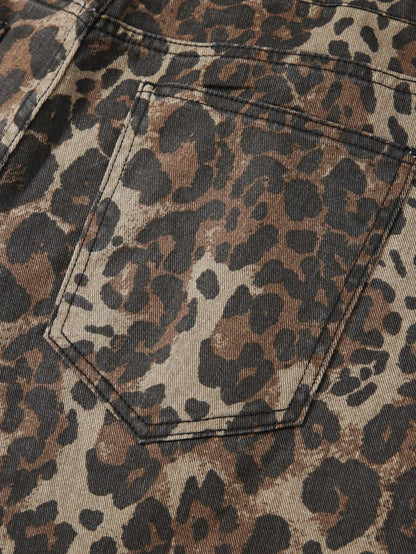 ROMWE MEN Men's Leopard Print Rhinestone Denim Shorts Plus Size