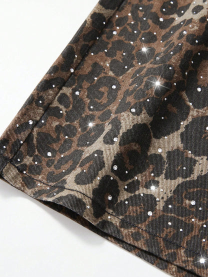 ROMWE MEN Men's Leopard Print Rhinestone Denim Shorts Plus Size