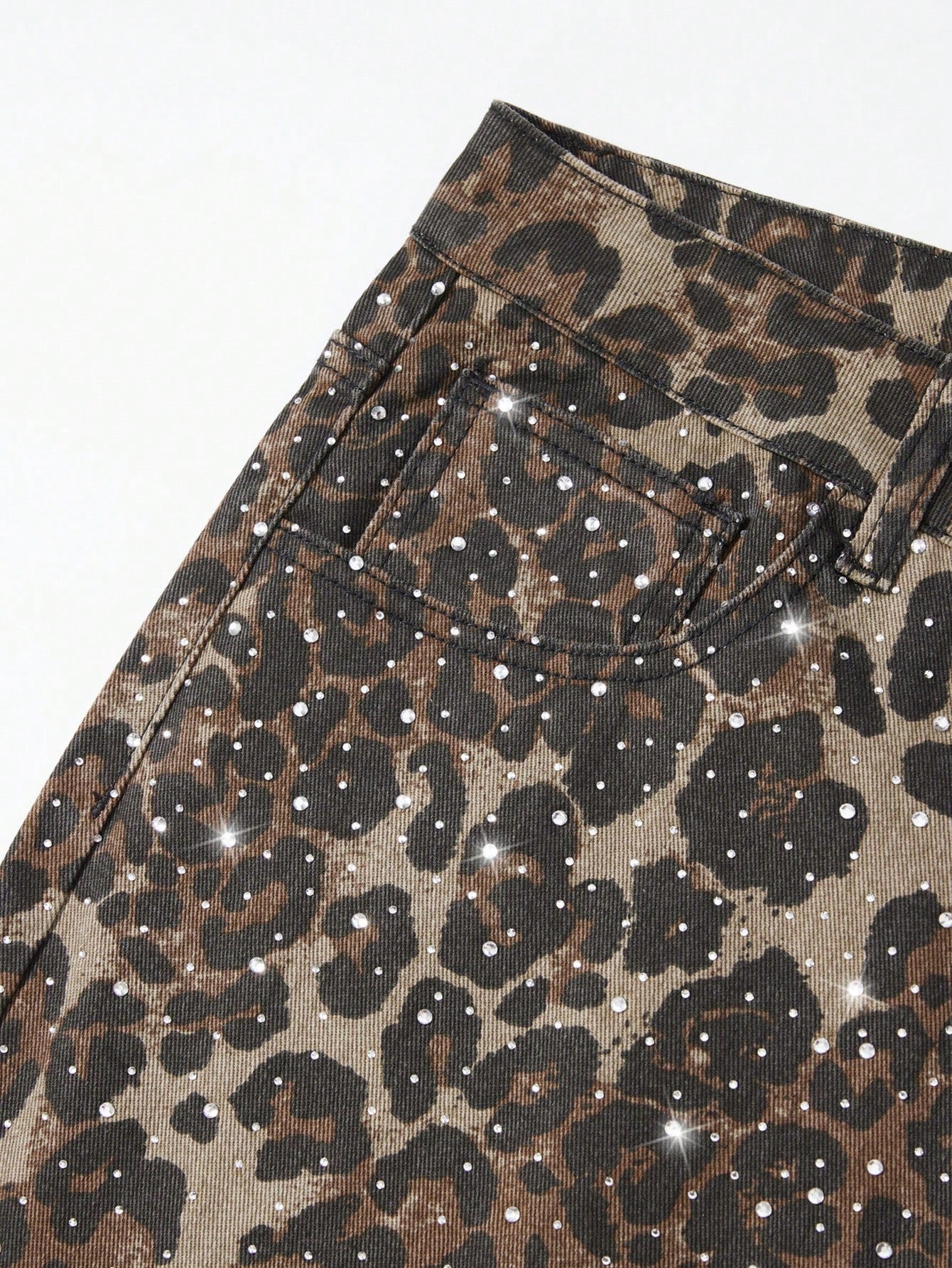 ROMWE MEN Men's Leopard Print Rhinestone Denim Shorts Plus Size