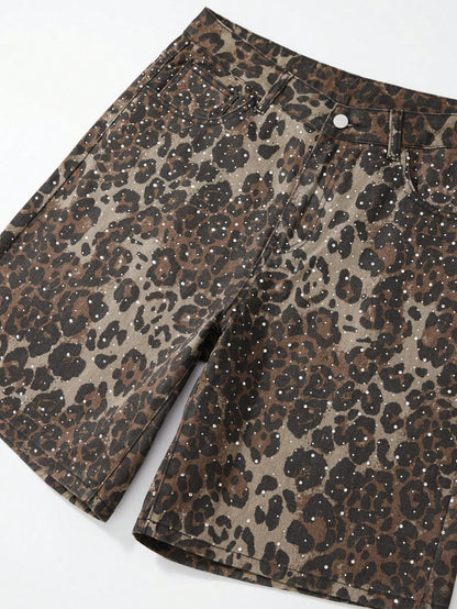 ROMWE MEN Men's Leopard Print Rhinestone Denim Shorts Plus Size