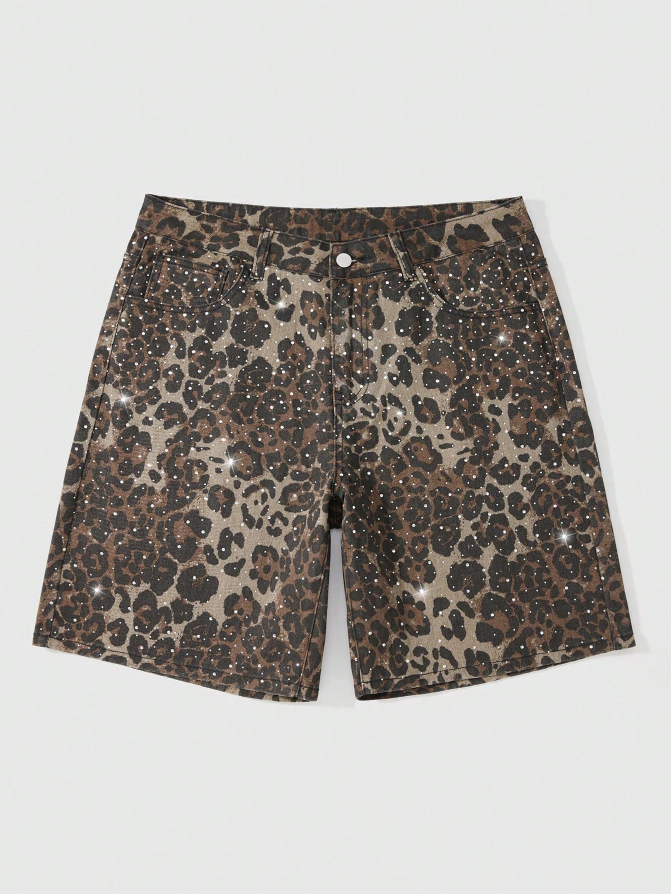 ROMWE MEN Men's Leopard Print Rhinestone Denim Shorts Plus Size