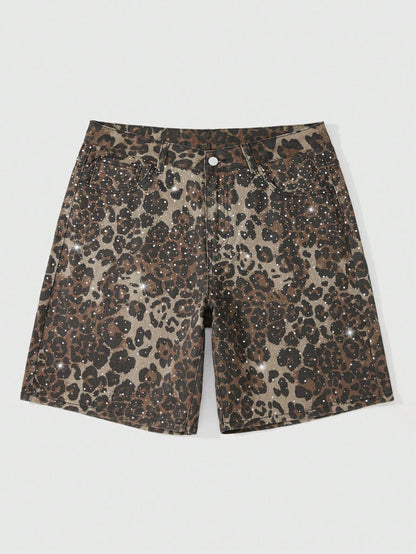 ROMWE MEN Men's Leopard Print Rhinestone Denim Shorts Plus Size