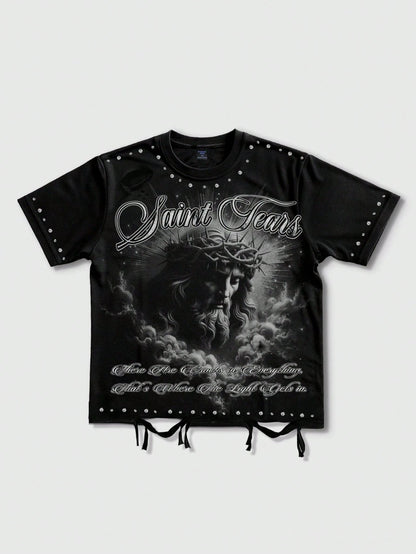 ROMWE MEN Street Life Men's Street Style Jesus Print Short Sleeve T-Shirt