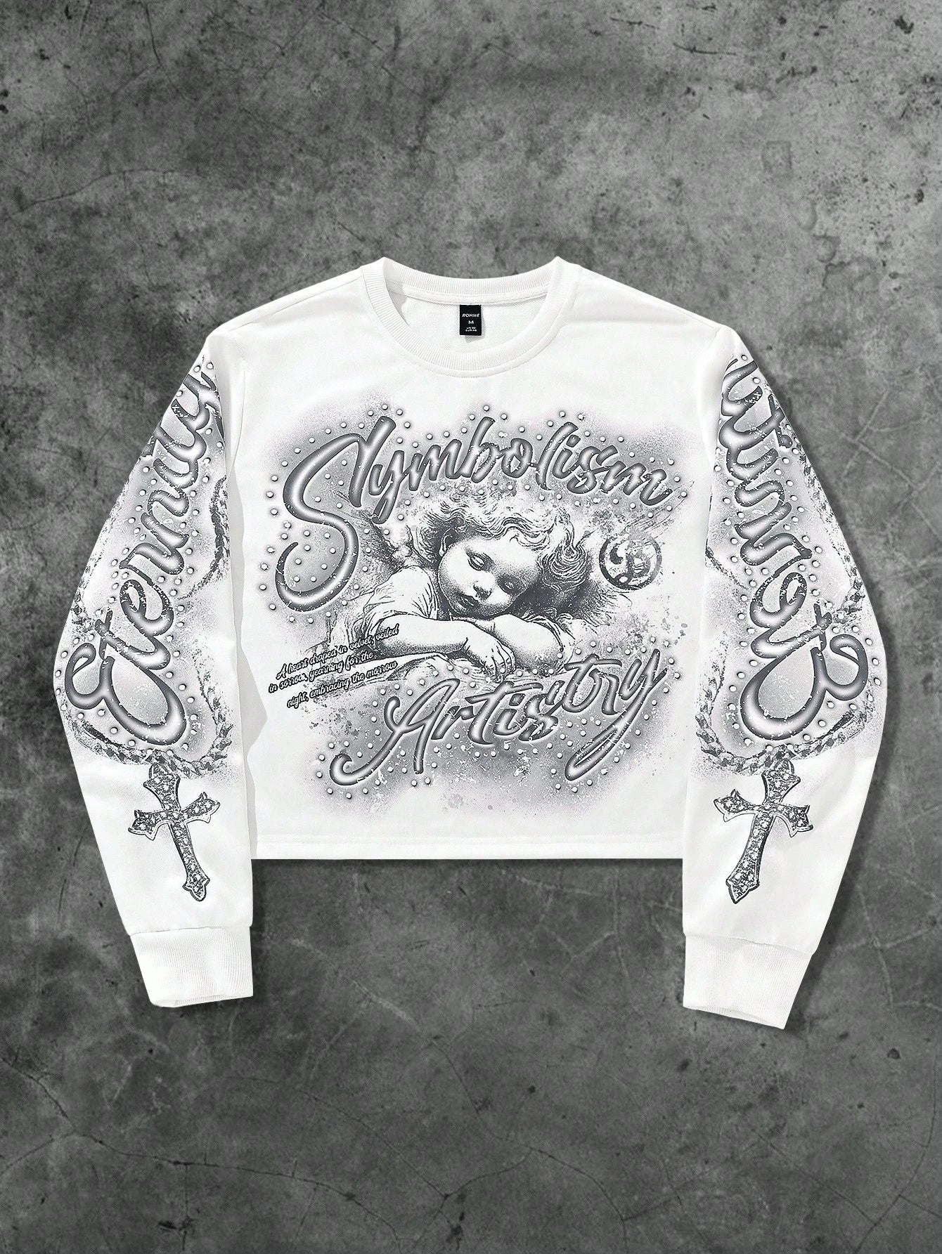 ROMWE MEN Street Life Spring Casual Graphic White Men'S Letter & Cross Print Crew Neck White Long Sleeve Pullover Sweatshirt