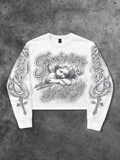 ROMWE MEN Street Life Spring Casual Graphic White Men'S Letter & Cross Print Crew Neck White Long Sleeve Pullover Sweatshirt