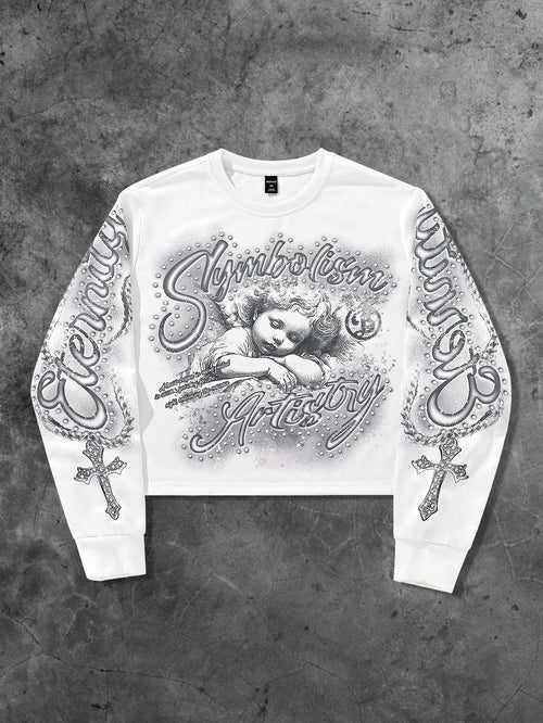 ROMWE MEN Street Life Spring Casual Graphic White Men'S Letter & Cross Print Crew Neck White Long Sleeve Pullover Sweatshirt