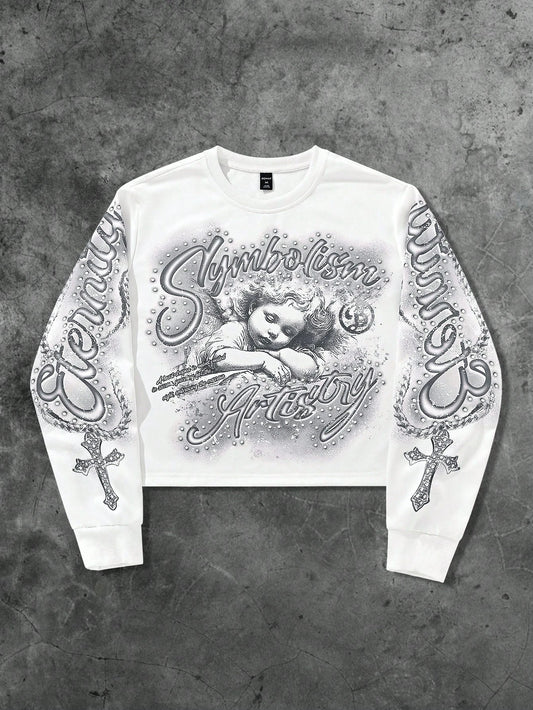 ROMWE MEN Street Life Spring Casual Graphic White Men'S Letter & Cross Print Crew Neck White Long Sleeve Pullover Sweatshirt
