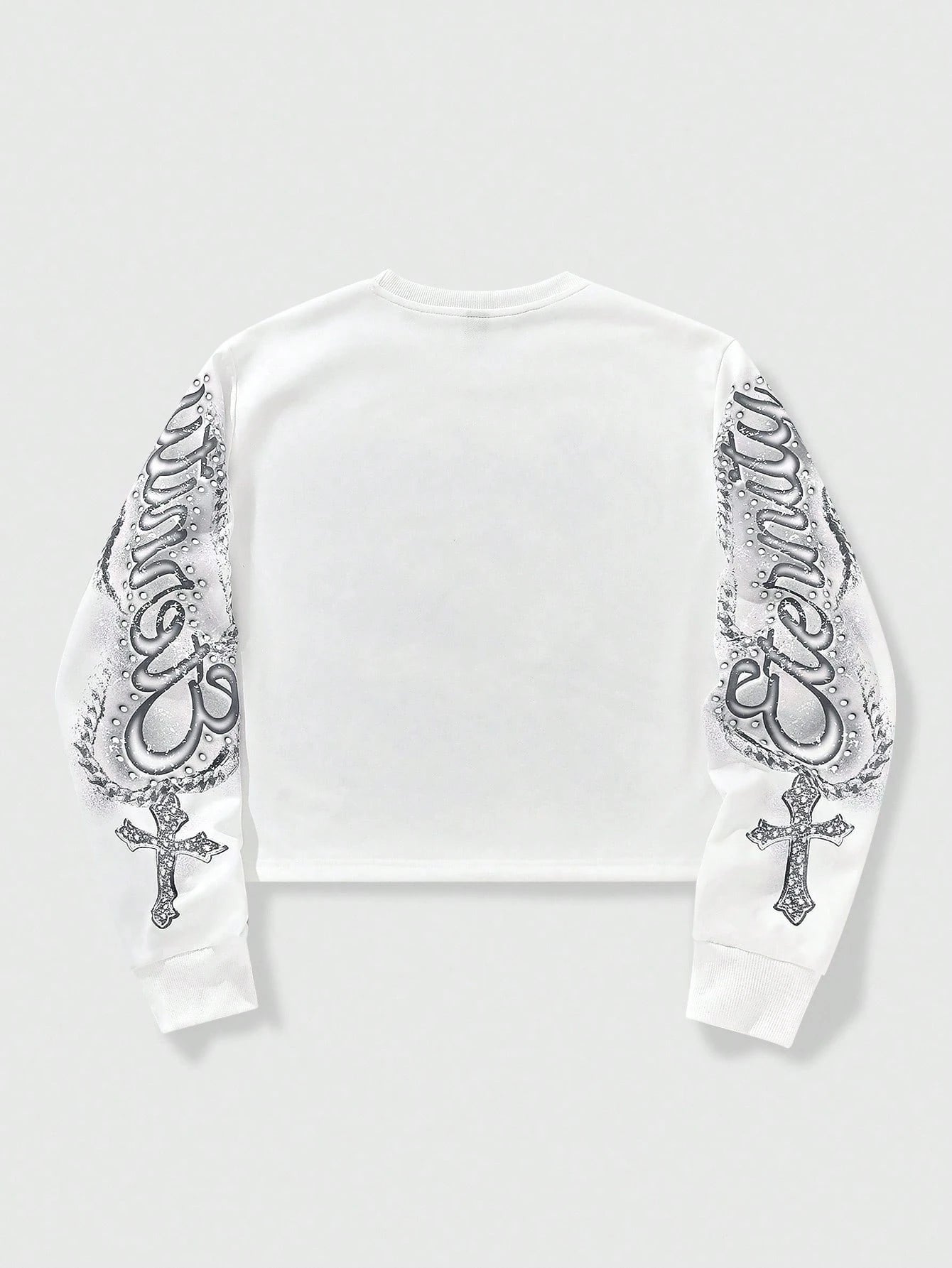 ROMWE MEN Street Life Spring Casual Graphic White Men'S Letter & Cross Print Crew Neck White Long Sleeve Pullover Sweatshirt