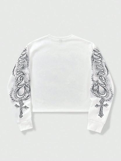 ROMWE MEN Street Life Spring Casual Graphic White Men'S Letter & Cross Print Crew Neck White Long Sleeve Pullover Sweatshirt