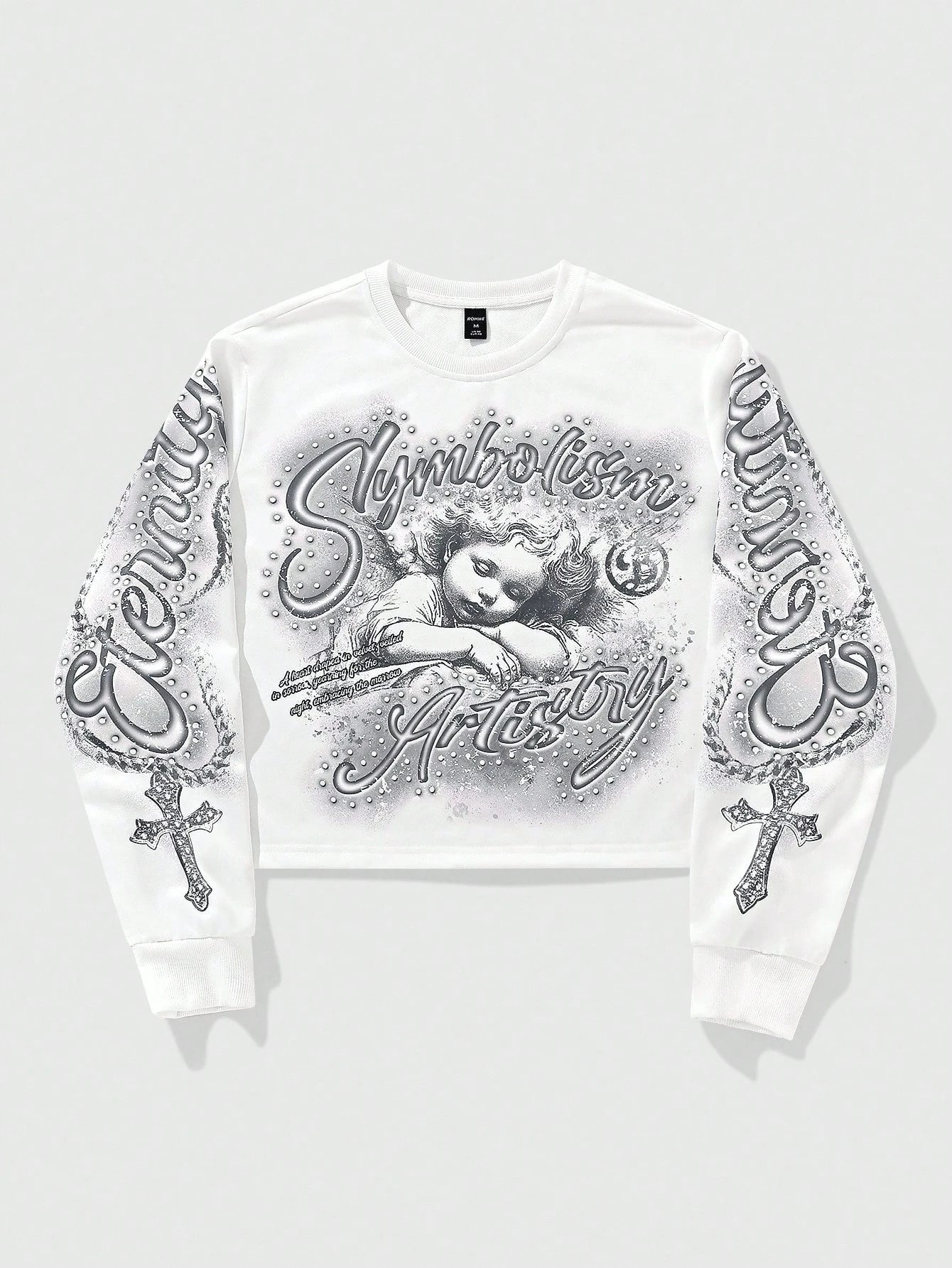 ROMWE MEN Street Life Spring Casual Graphic White Men'S Letter & Cross Print Crew Neck White Long Sleeve Pullover Sweatshirt