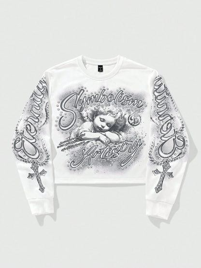 ROMWE MEN Street Life Spring Casual Graphic White Men'S Letter & Cross Print Crew Neck White Long Sleeve Pullover Sweatshirt