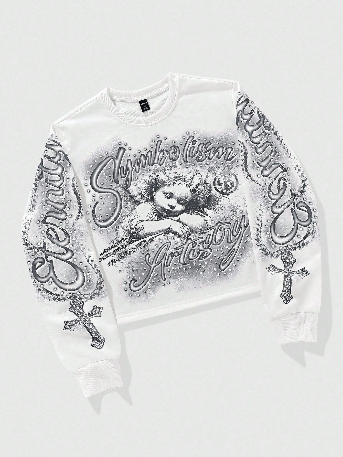ROMWE MEN Street Life Spring Casual Graphic White Men'S Letter & Cross Print Crew Neck White Long Sleeve Pullover Sweatshirt
