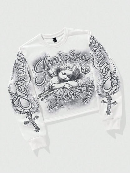 ROMWE MEN Street Life Spring Casual Graphic White Men'S Letter & Cross Print Crew Neck White Long Sleeve Pullover Sweatshirt
