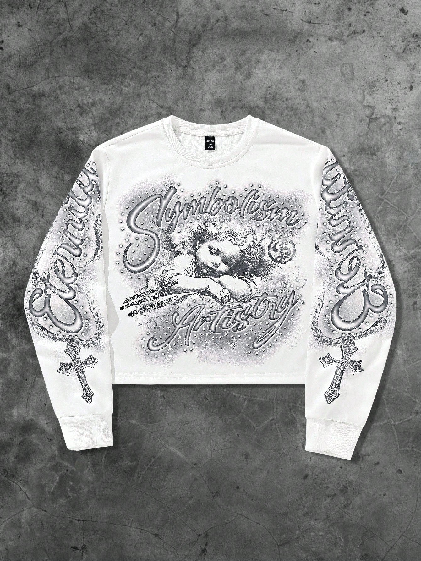 ROMWE MEN Street Life Spring Casual Graphic White Men'S Letter & Cross Print Crew Neck White Long Sleeve Pullover Sweatshirt
