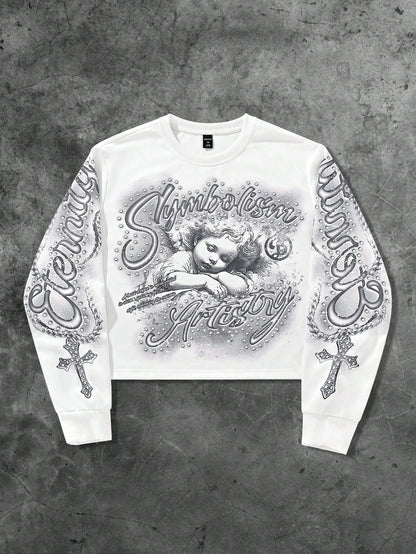 ROMWE MEN Street Life Spring Casual Graphic White Men'S Letter & Cross Print Crew Neck White Long Sleeve Pullover Sweatshirt