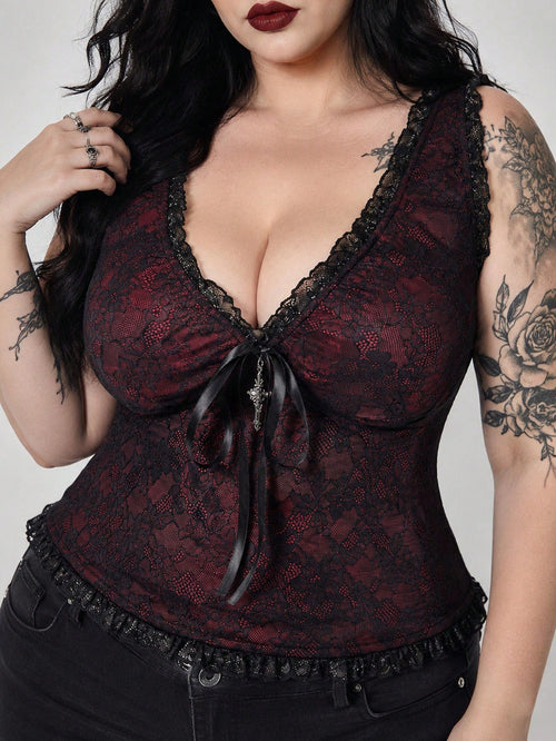 ROMWE Plus Size Gothic Contrast Color Lace Ribbon Bow Cross Pendant Camisole