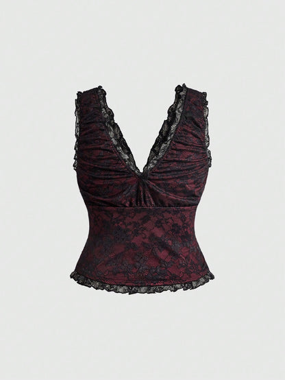 ROMWE Plus Size Gothic Contrast Color Lace Ribbon Bow Cross Pendant Camisole